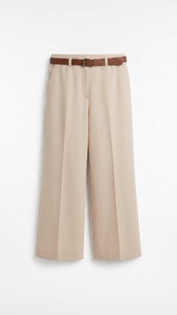 Pantalon droit taille haute ceinturée - Beige