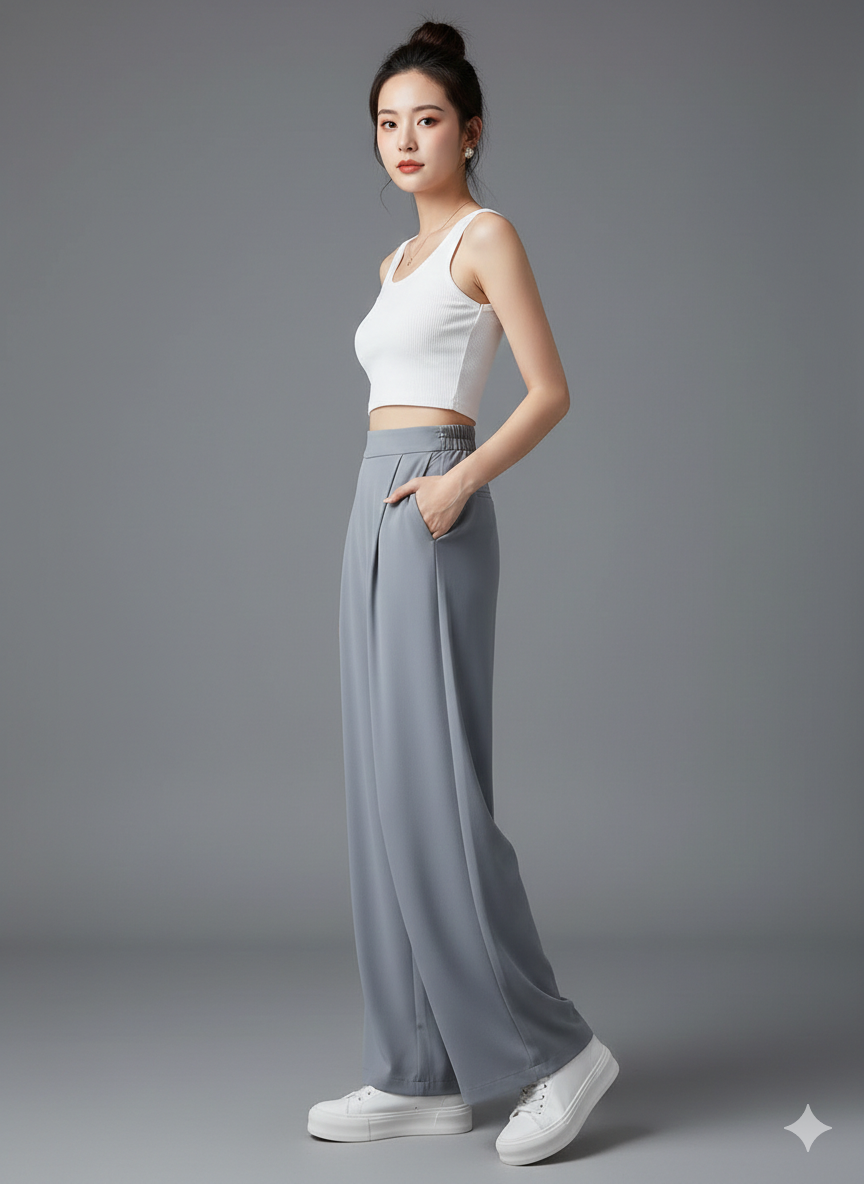 Elegant High-Waist Wide-Leg Pants with Elastic Waist and Front Pleats