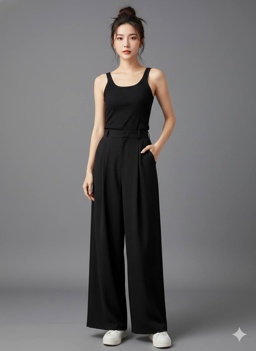 Elegant High-Waist Wide-Leg Pants with Elastic Waist and Front Pleats
