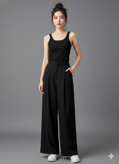 Elegant High-Waist Wide-Leg Pants with Elastic Waist and Front Pleats