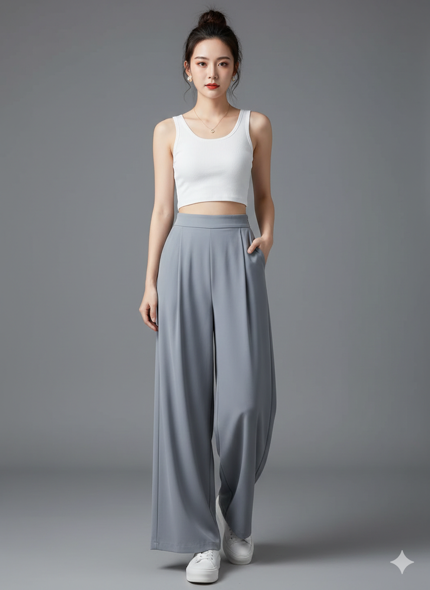 Elegant High-Waist Wide-Leg Pants with Elastic Waist and Front Pleats