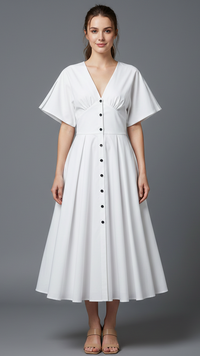 Vintage V-neck Waist Cinching Single Breasted Long Dress