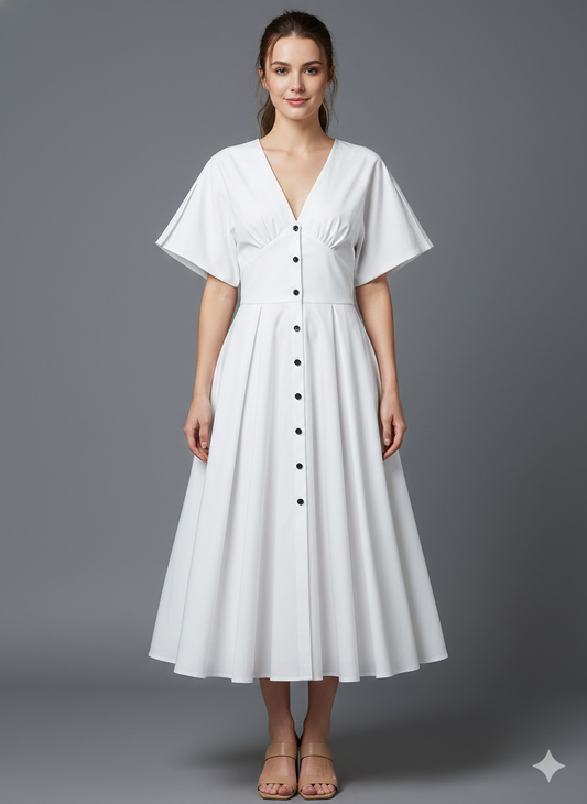 Vintage  V-neck Waist Cinching Single Breasted Long Dress