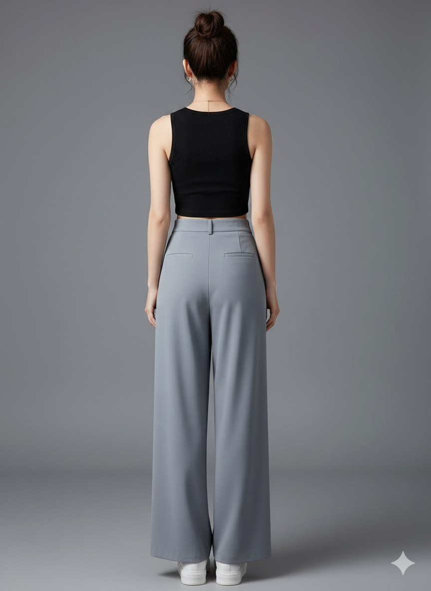 Elegant High-Waist Wide-Leg Pants with Elastic Waist and Front Pleats