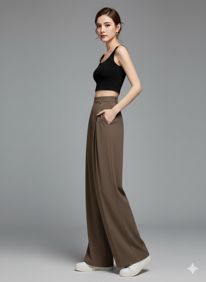 Elegant High-Waist Wide-Leg Pants with Elastic Waist and Front Pleats