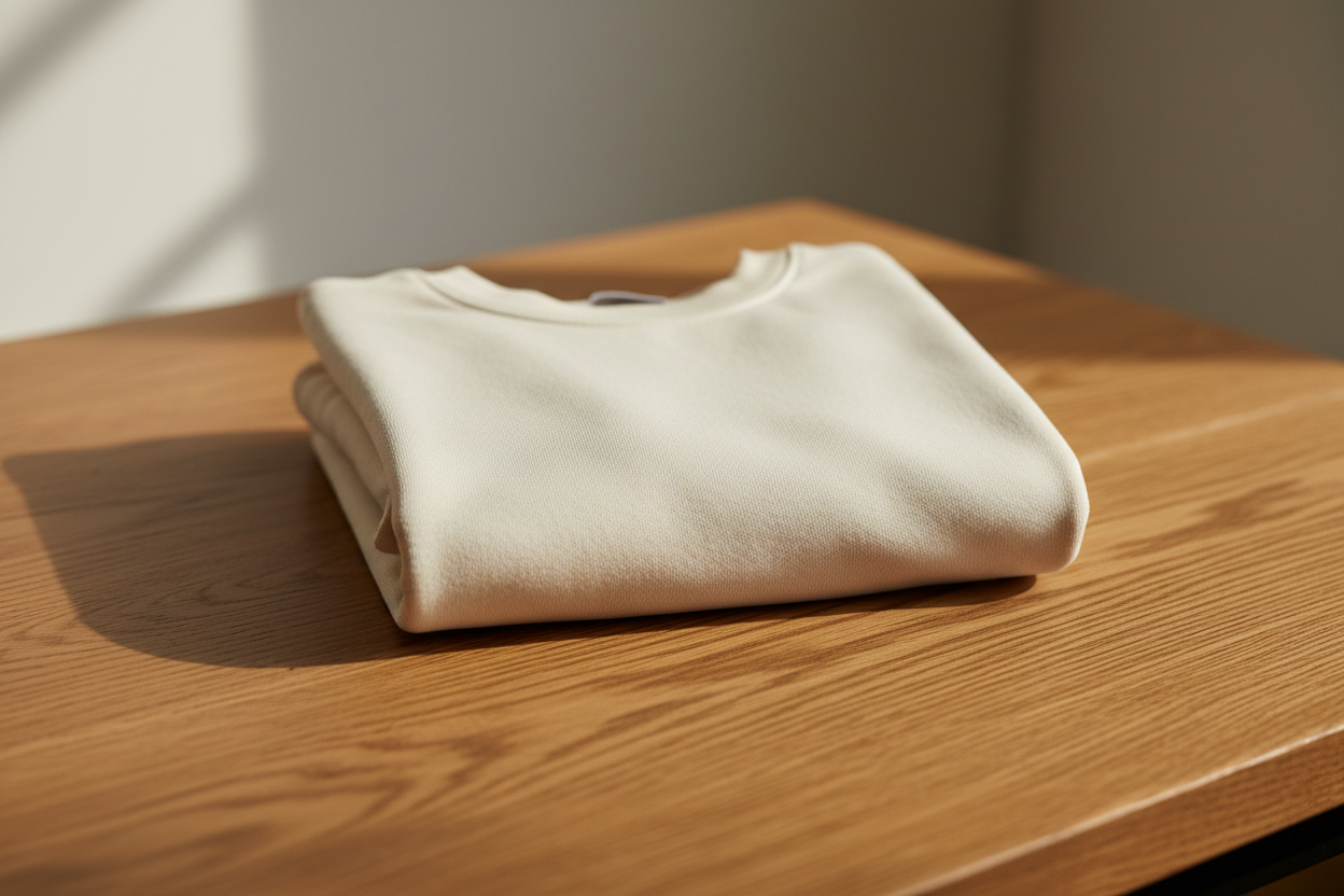 folded woman sweatshirt on the wooden table 