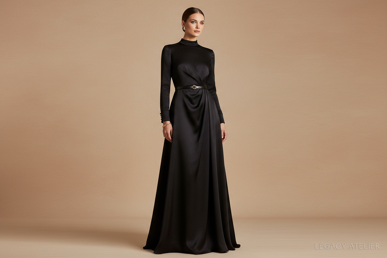 old money black dress on model 